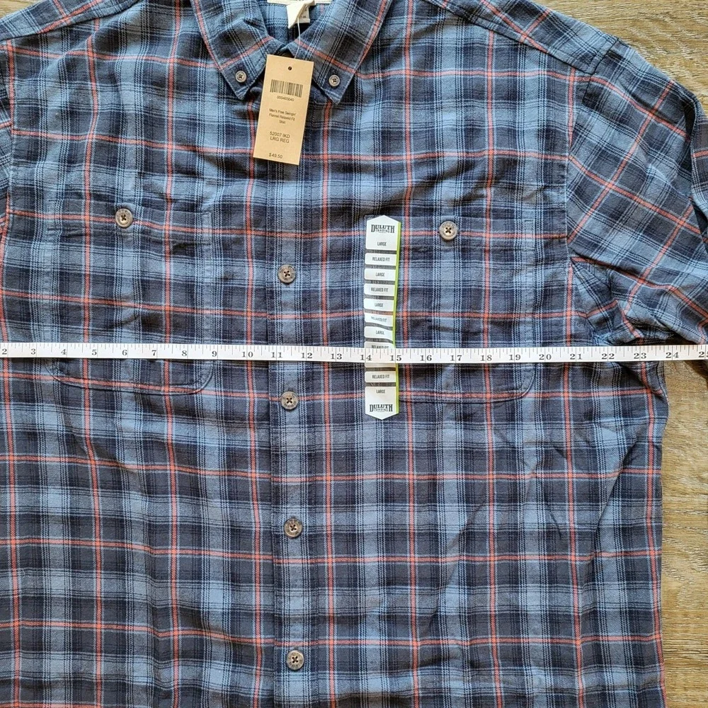 NWT Duluth Trading Co Mens Free Swingin Flannel Blue Orange Plaid L 52007 IKD